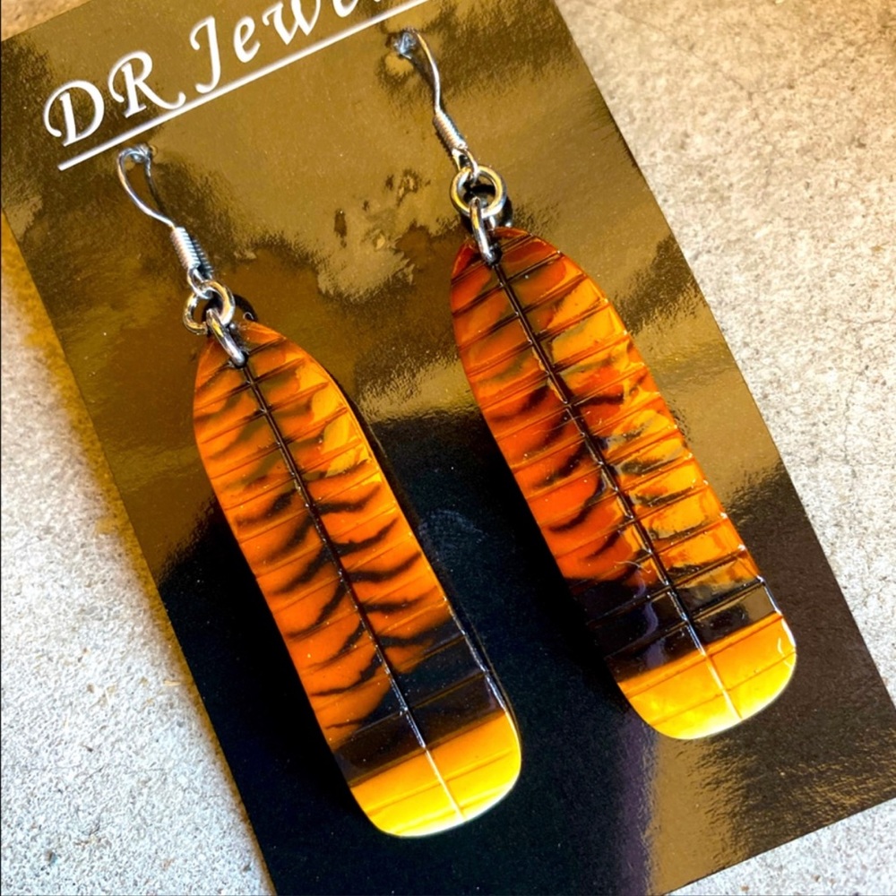 Hand Painted Shell Turkey Feather Earrings